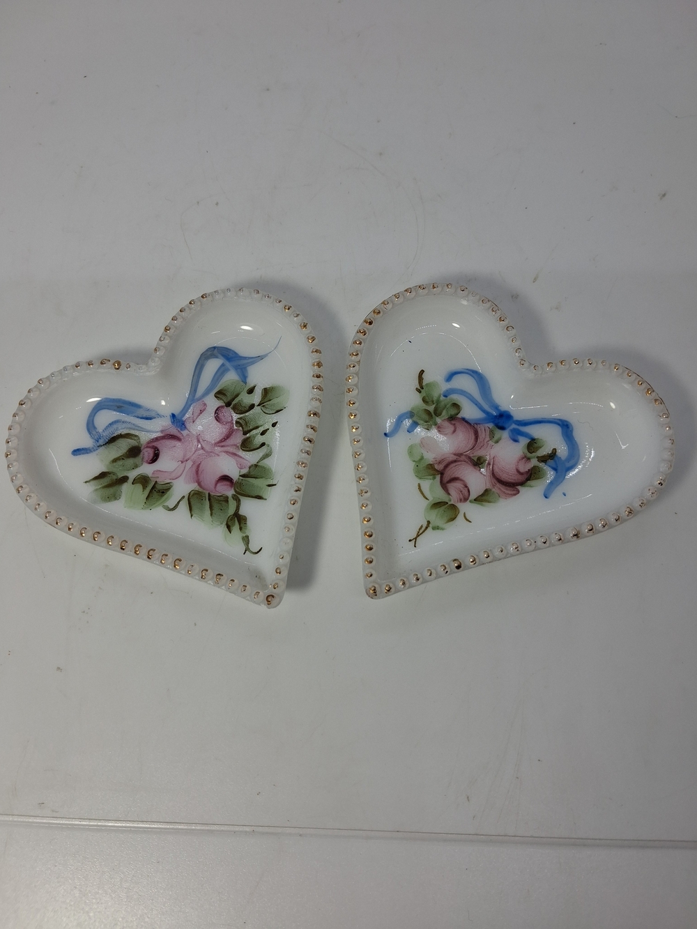 Vintage Pair Small Milkglass Heart Shaped Trinket Dishes Pink Roses